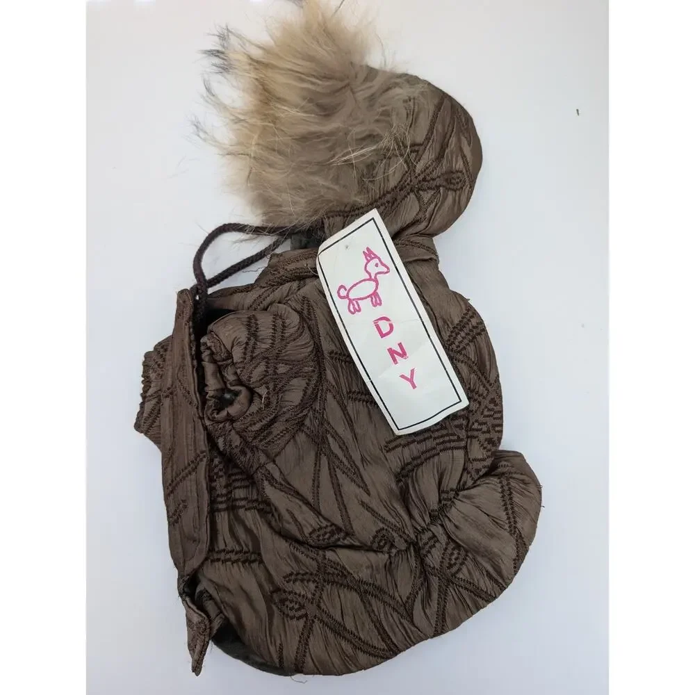 DNY Quilted Dog Coat with Fur Trim Hood Brown Textured Winter Jacket Small Breed